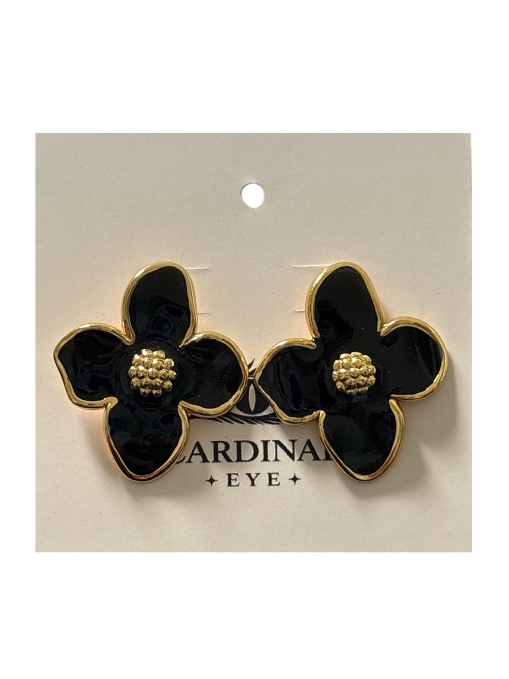 Black Enamel Flower Stud Earrings on Hypoallergenic Gold Plated Stainless Steel - Picture 2 of 3